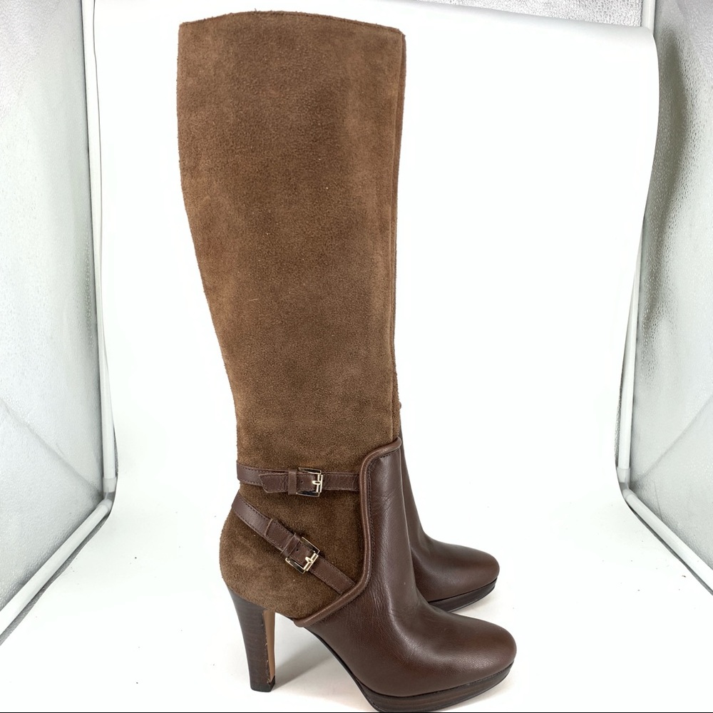 Nine West Women 5 Boots Friggid Brown Suede Leather High Heels Tall Knee High